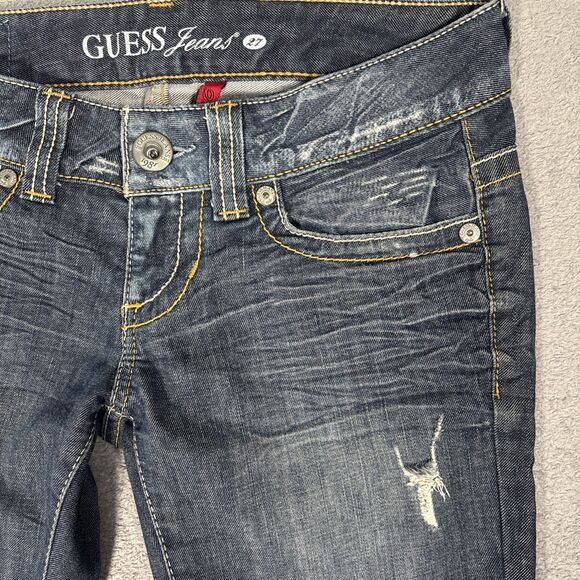 Guess Jeans Women Size 27 Daredevil Boot Cut Flare Blue Denim Jeans Distress Y2K - Picture 8 of 16